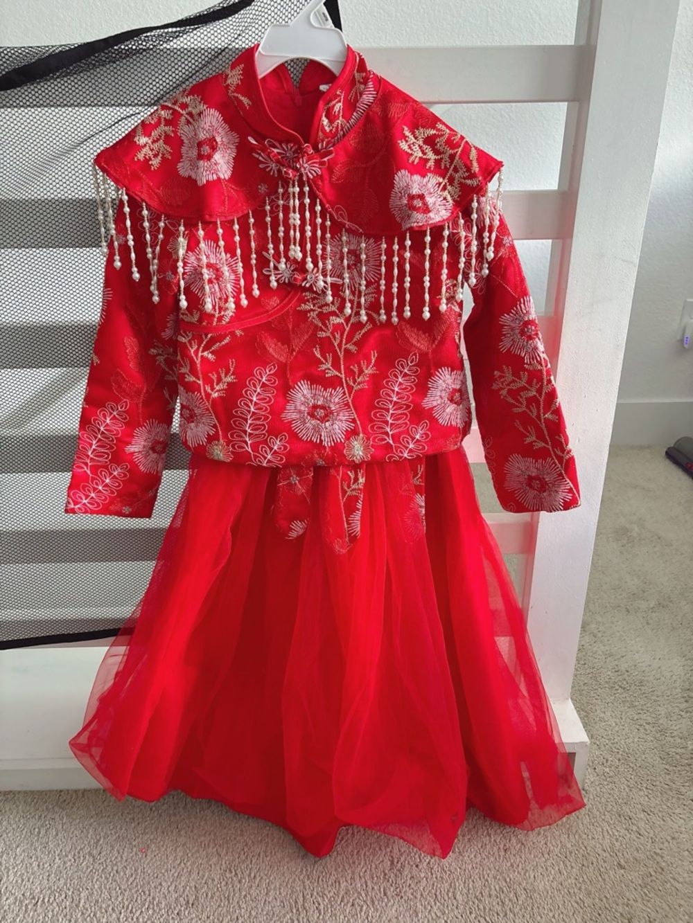 Traditional Red Floral Kids Costume Dress with Beaded Cape Chinese Halloween Se